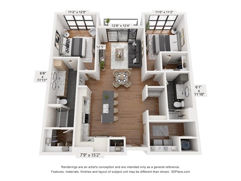 A 3D floor plan of a house with a living room, kitchen, dining room, and two bedrooms.
